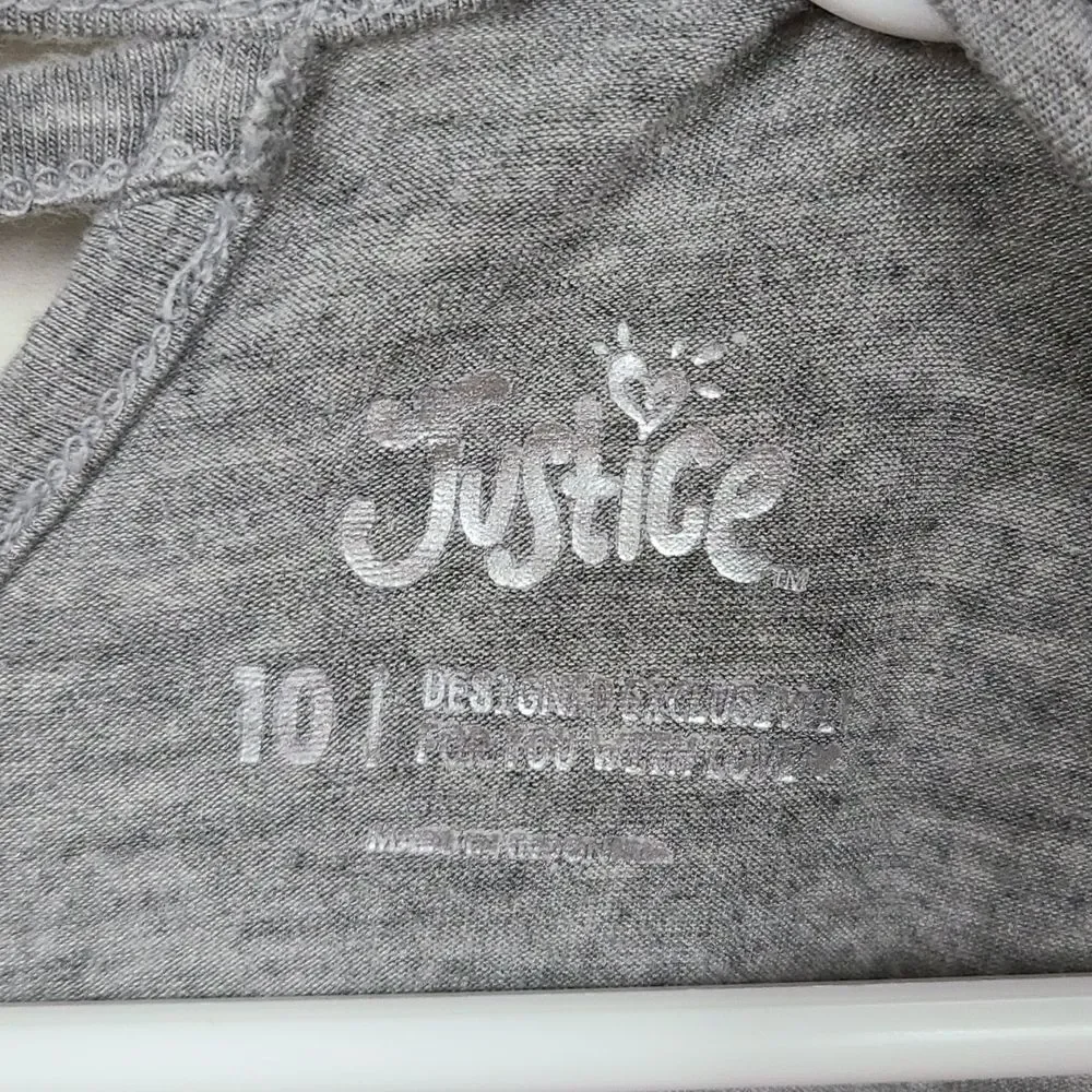 Justice Gray Short Sleeve Tee Girls 10 Be happy Glitter Heart Dog Sunglasses Top